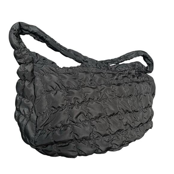 Black Quilted Puffer Shoulder Crossbody Hobo Bag - Picture 3 of 11